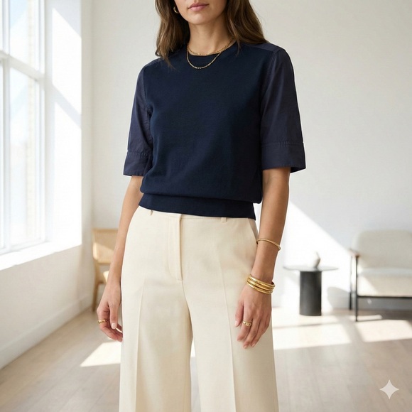 Marni Sweaters - Marni Navy Blue Mixed Media Cotton Poplin Knit Short Sleeve Top - size 2 (IT 38)